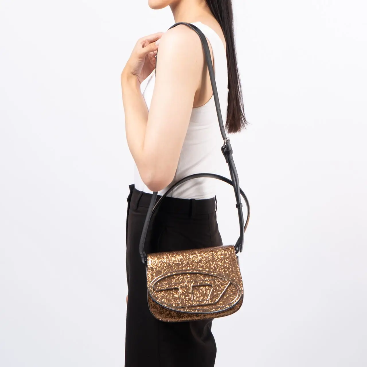 Diesel 1DR Iconic with Macro Glitter Shoulder Bag Bronze