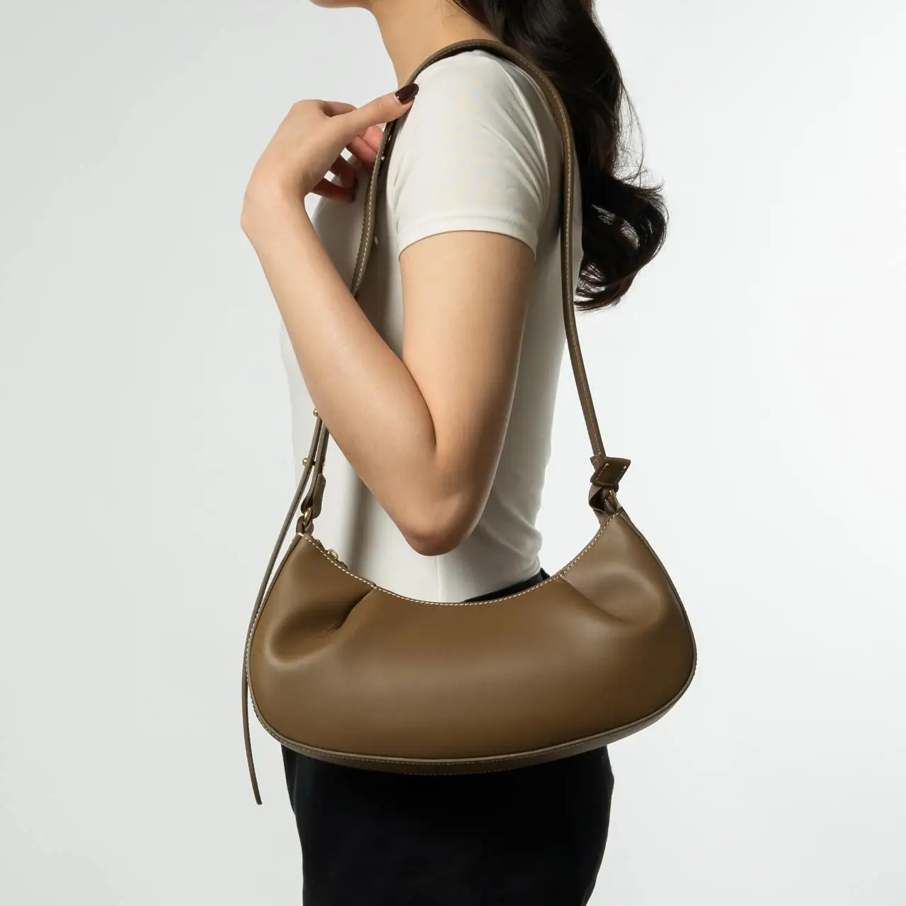 Elleme Dimple Moon White Stitches Leather Handbag Rock