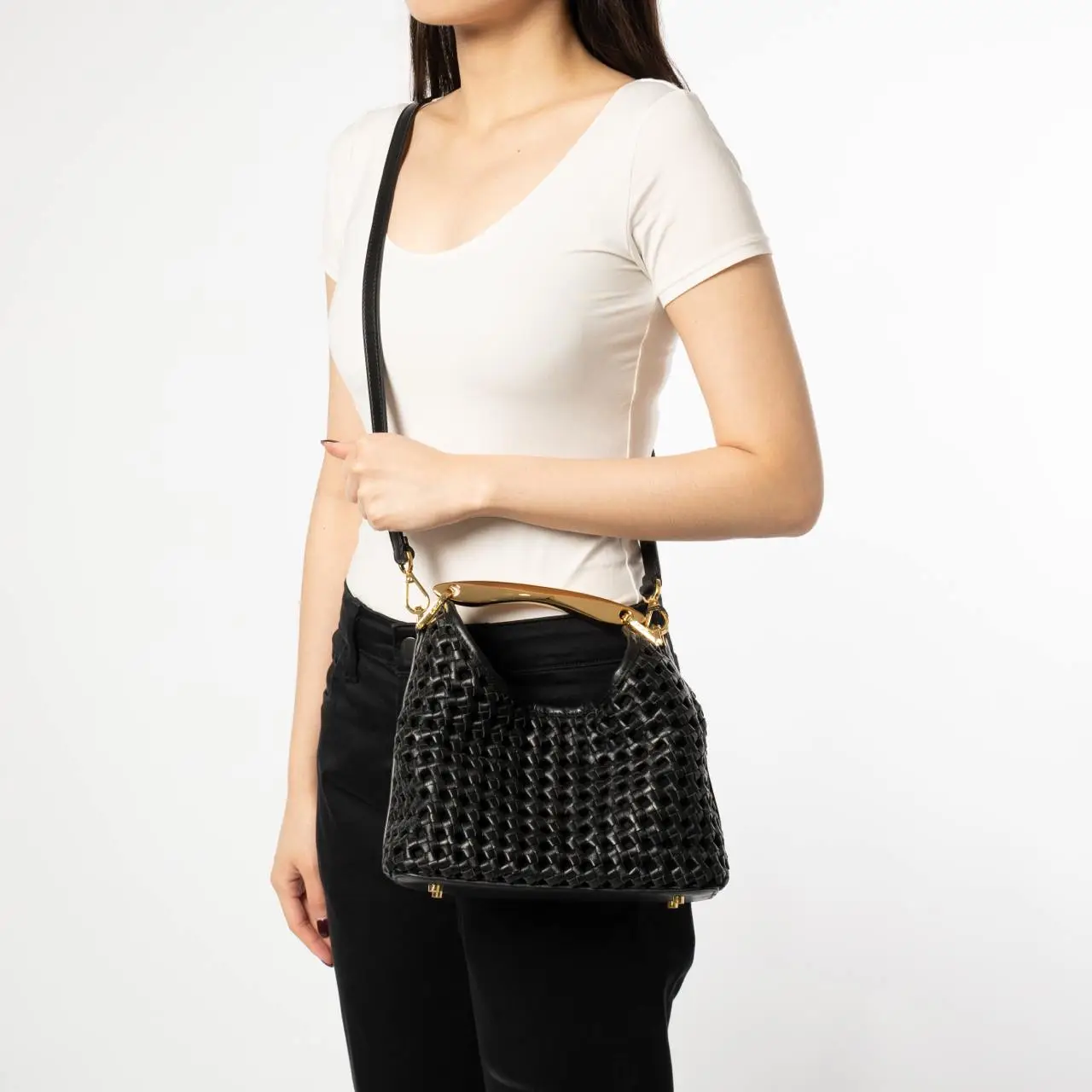 Elleme Boomerang Small Woven Leather Handbag Black Ghw
