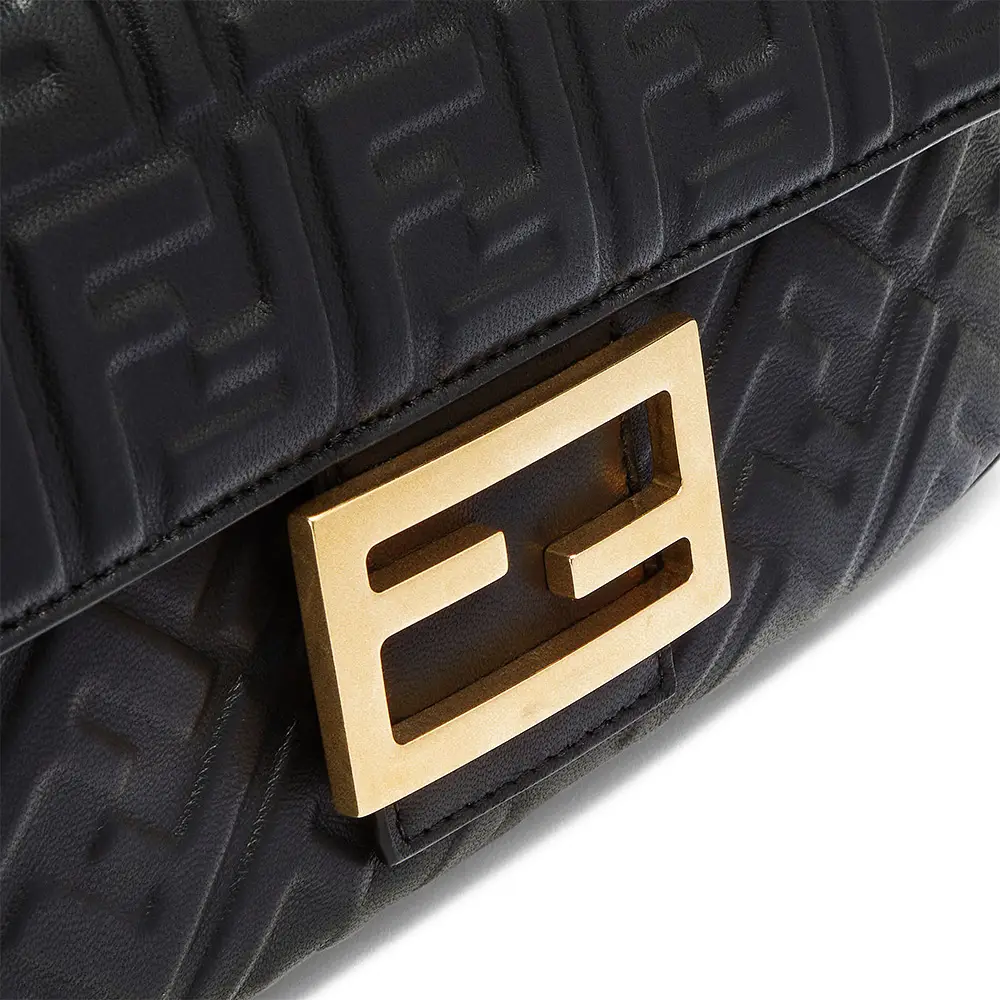 Fendi Baguette Chain Midi Leather Bag FF Embossed Black Ghw