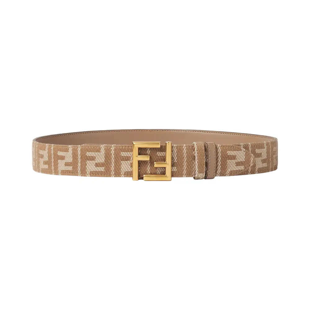 Fendi FF Leather and Denim Effect Jacquard Belt 35mm Beige