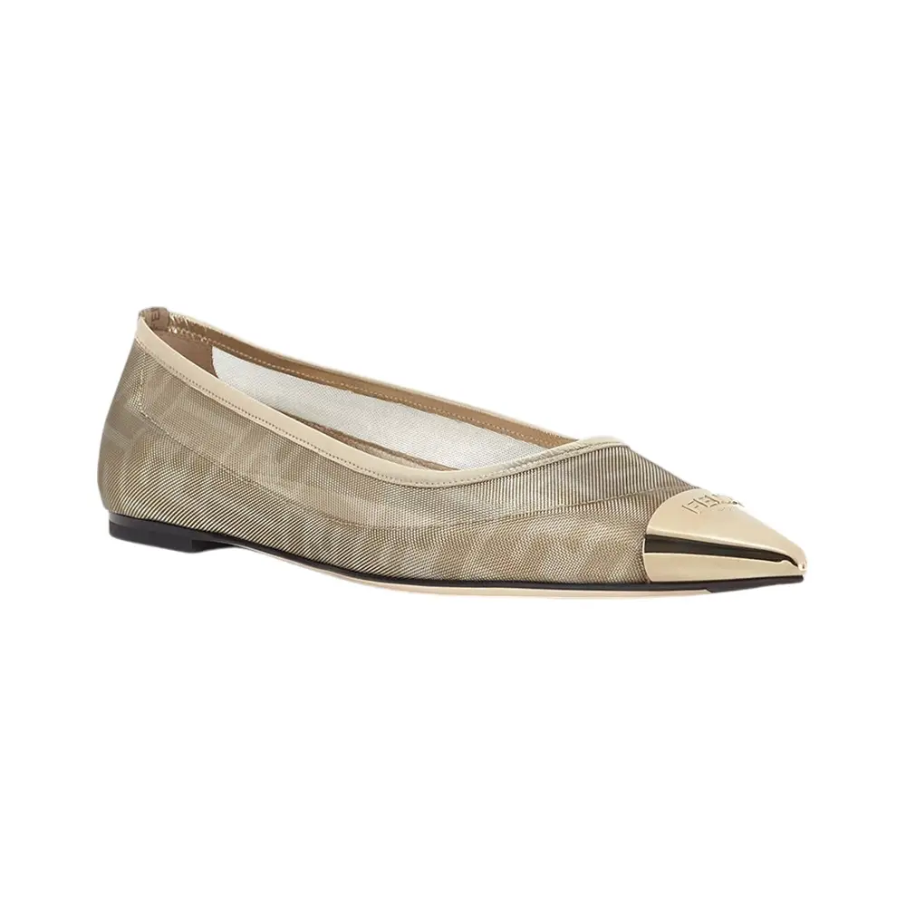 Fendi Colibri FF Mesh Ballet Flats Leather Champagne Ghw