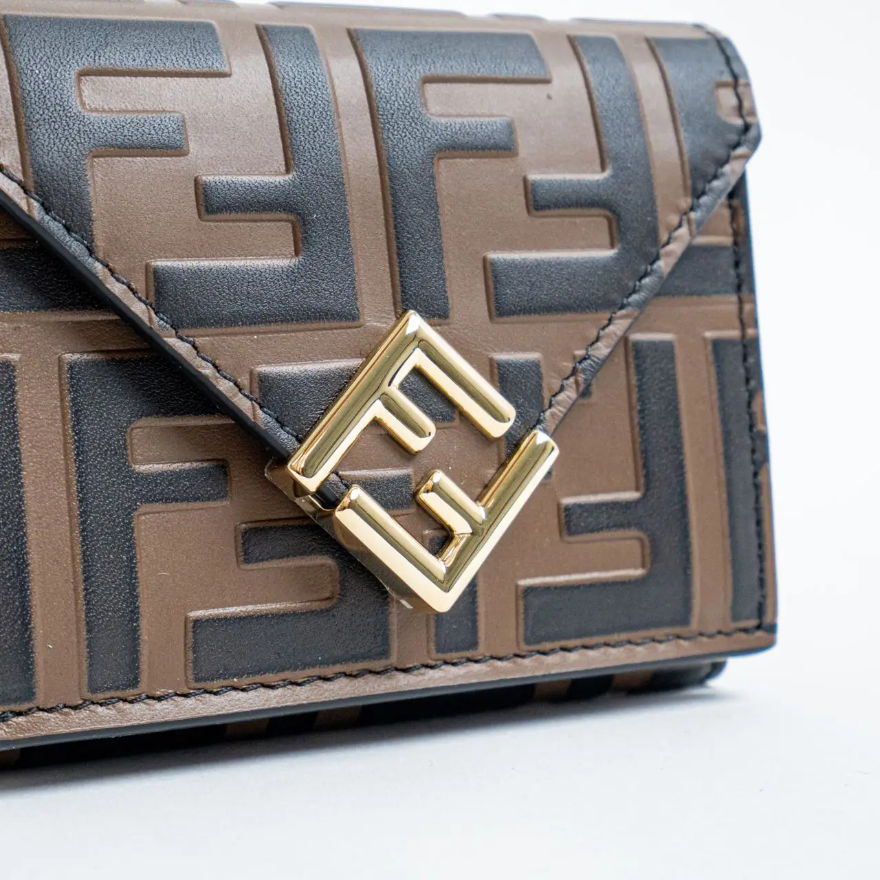 Fendi FF Diamonds Embossed Leather Trifold Wallet Brown