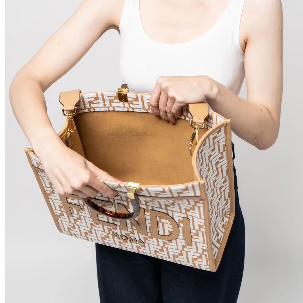 Fendi Medium Sunshine Shopper Raffia Bag FF Motif White