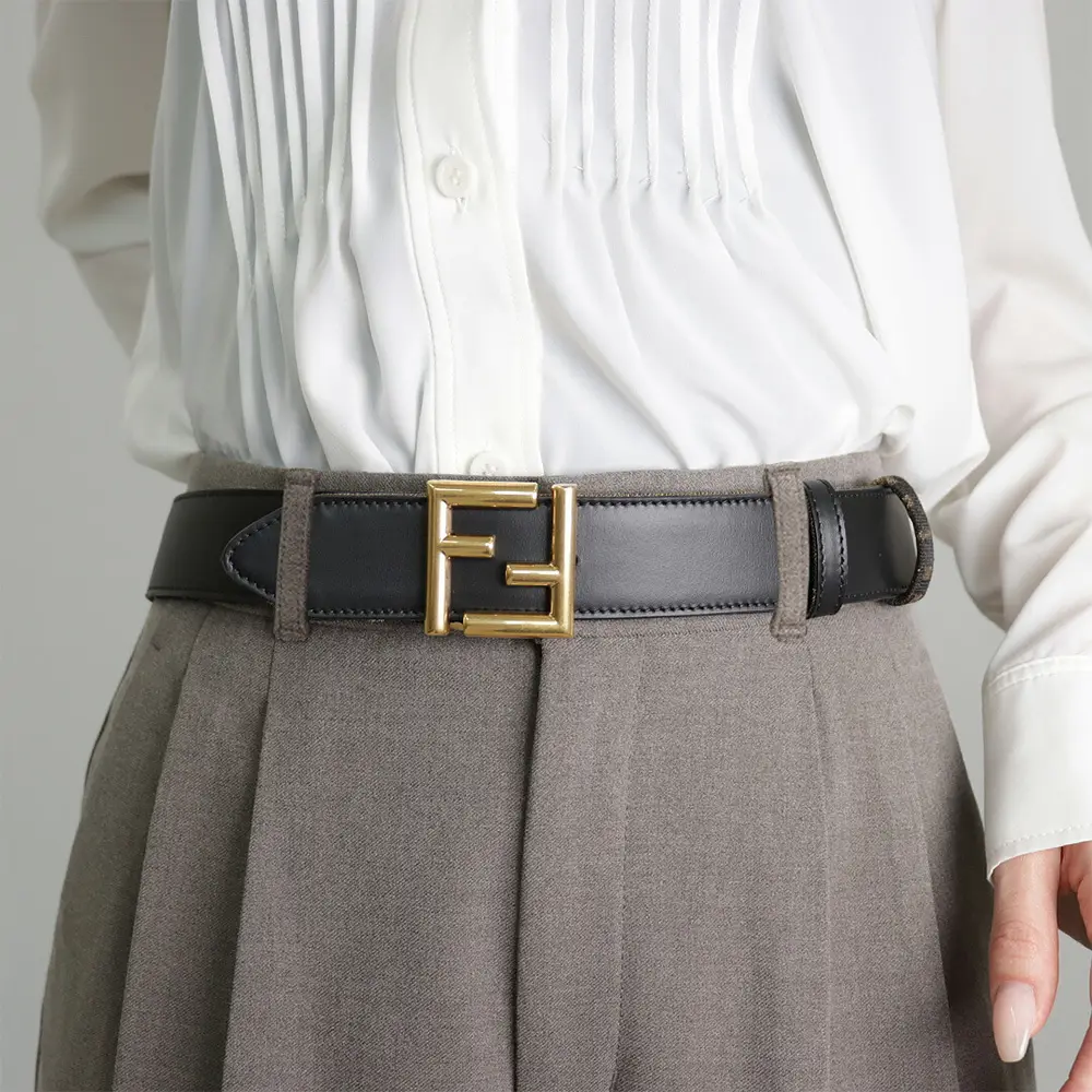 ベルト FENDI FF LEATHER AND FABRIC REVERSIBLE BELT FF Squared Belt Leather Brown | Fendi
