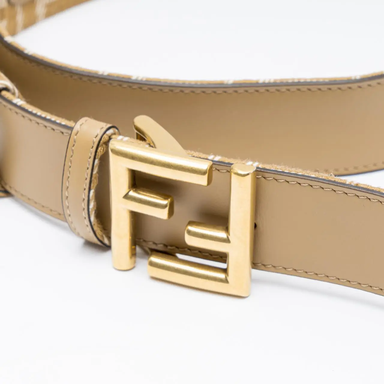 Fendi FF Leather and Denim Effect Jacquard Belt 35mm Beige
