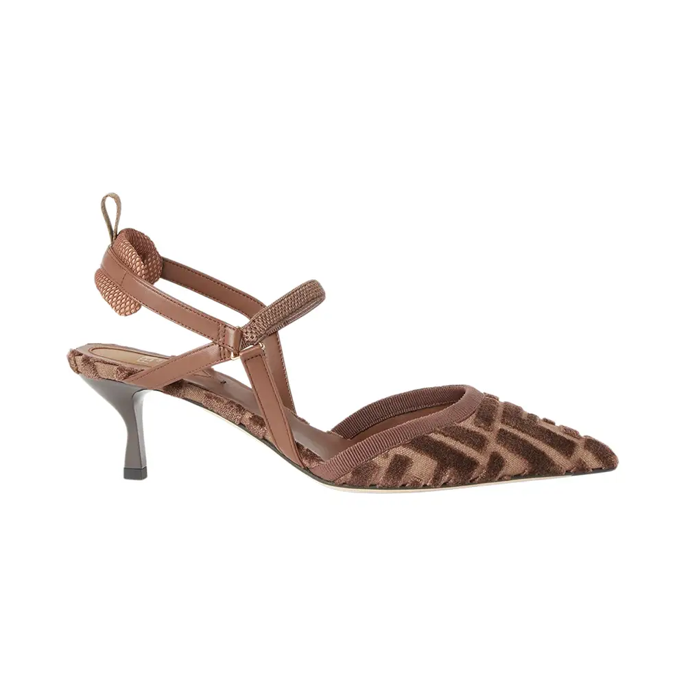 Fendi Colibri 55 Lite Medium FF Velvet Slingback Heels Brown