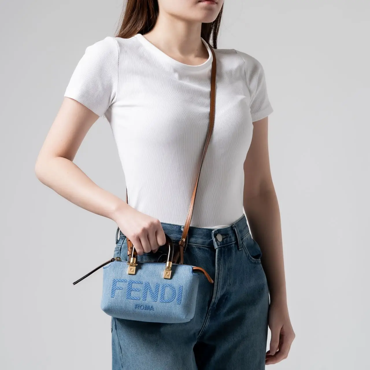 Fendi Embroidered Denim Medium By The Way Crossbody Bag