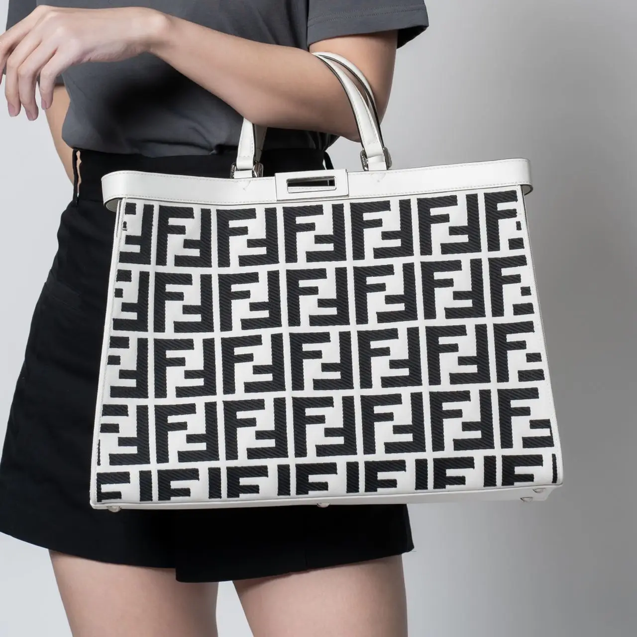 Fendi Medium X-Tote Canvas Bag FF Embroidered White – voilà.id