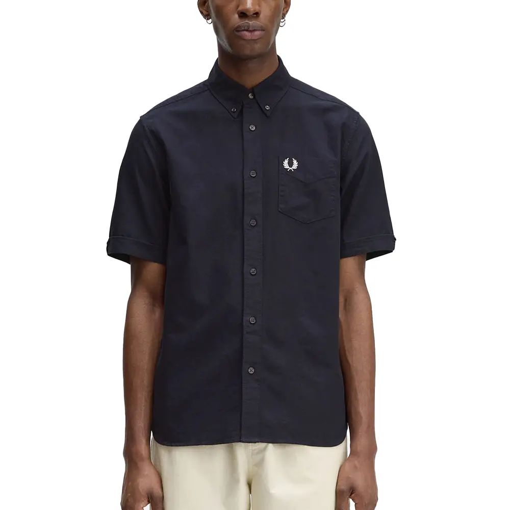 トップス FRED PERRY SHORT SLEEVE WOVEN SHIRT Fred Perry Woven Pique Short Sleeve Linen Shirt Navy at