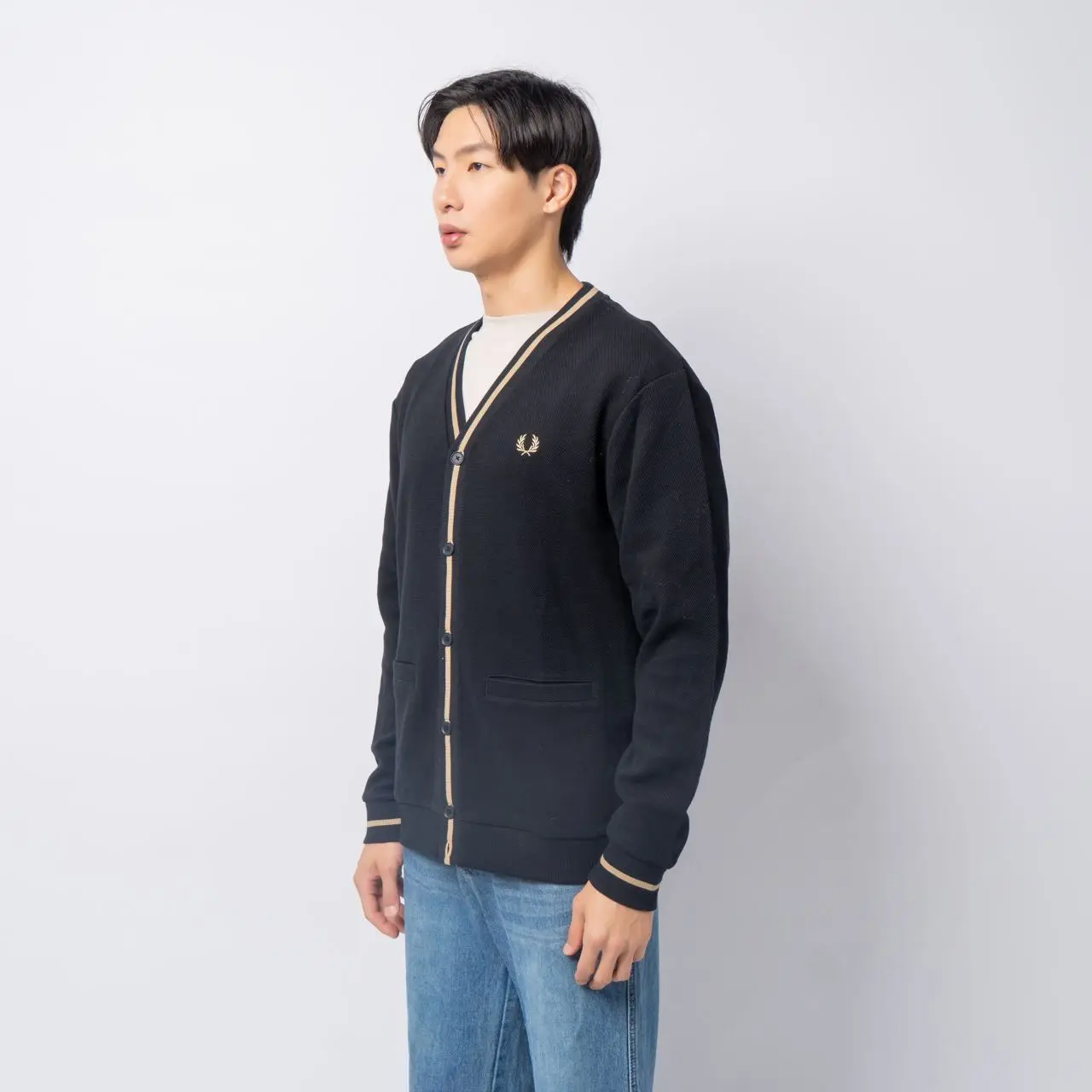 Fred Perry Tipped Pique Texture Cardigan Black/Warm Stone
