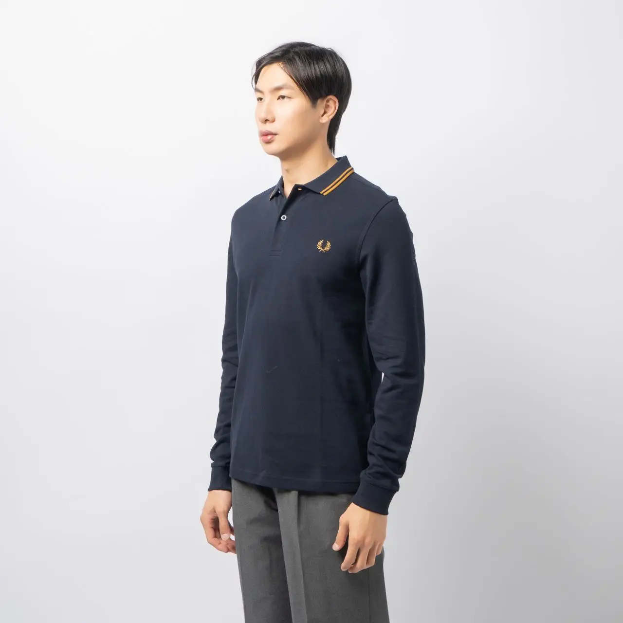 Fred Perry Twin Tipped Long Sleeves Polo Shirt Navy/Dark Caramel