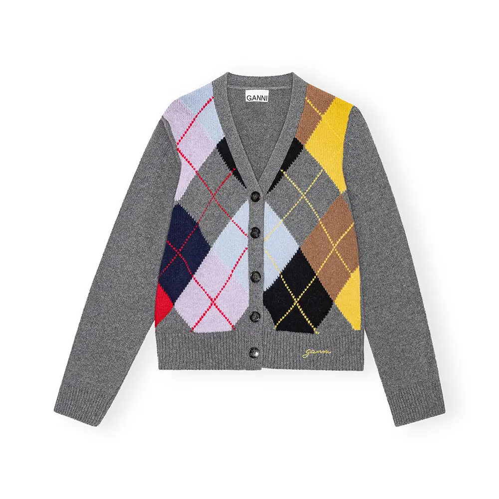 Ganni Harlequin Wool Mix Cardigan Frost Gray – voilà.id Ganni Harlequin Wool Mix Cardigan Frost Gray – voilà.id