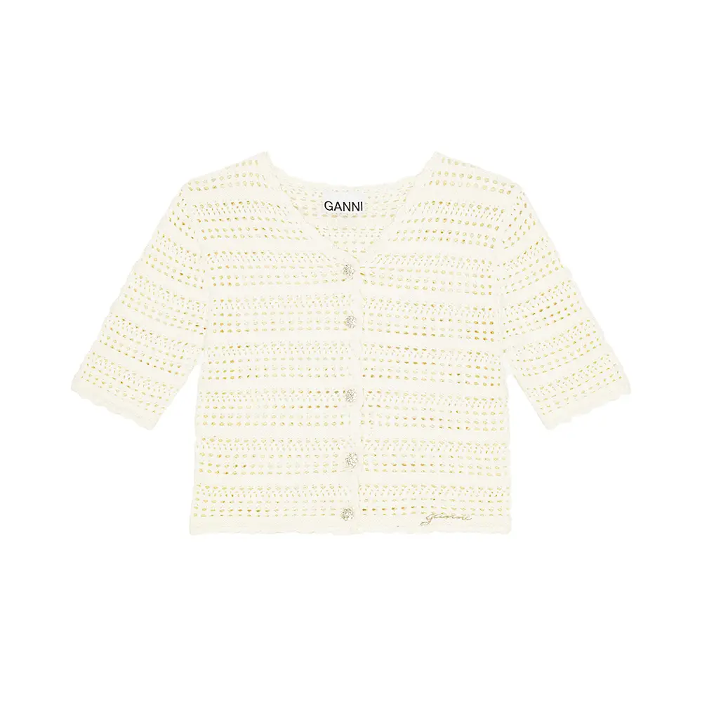 Ganni Pointelle Short Sleeve Cardigan Egret White – voilà.id Ganni Pointelle Short Sleeve Cardigan Egret White – voilà.id