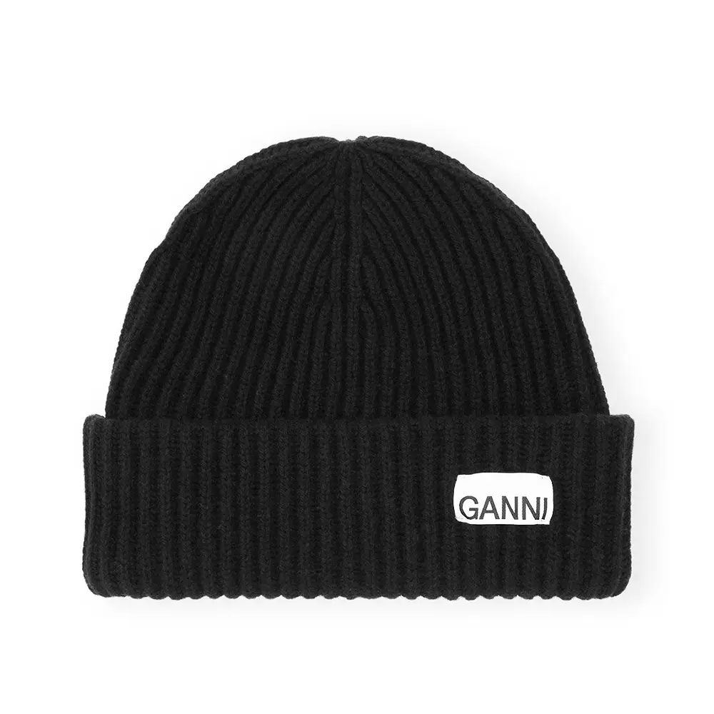 Ganni Oversized Wool Rib Knit Beanie Hat Paloma Melange
