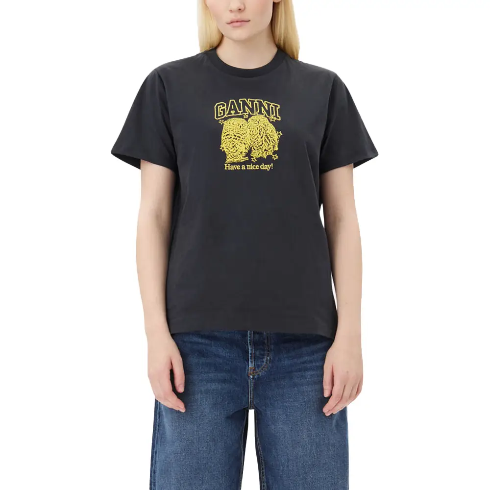 Ganni Basic Jersey Owls Relaxed T-Shirt Black Phantom – voilà.id