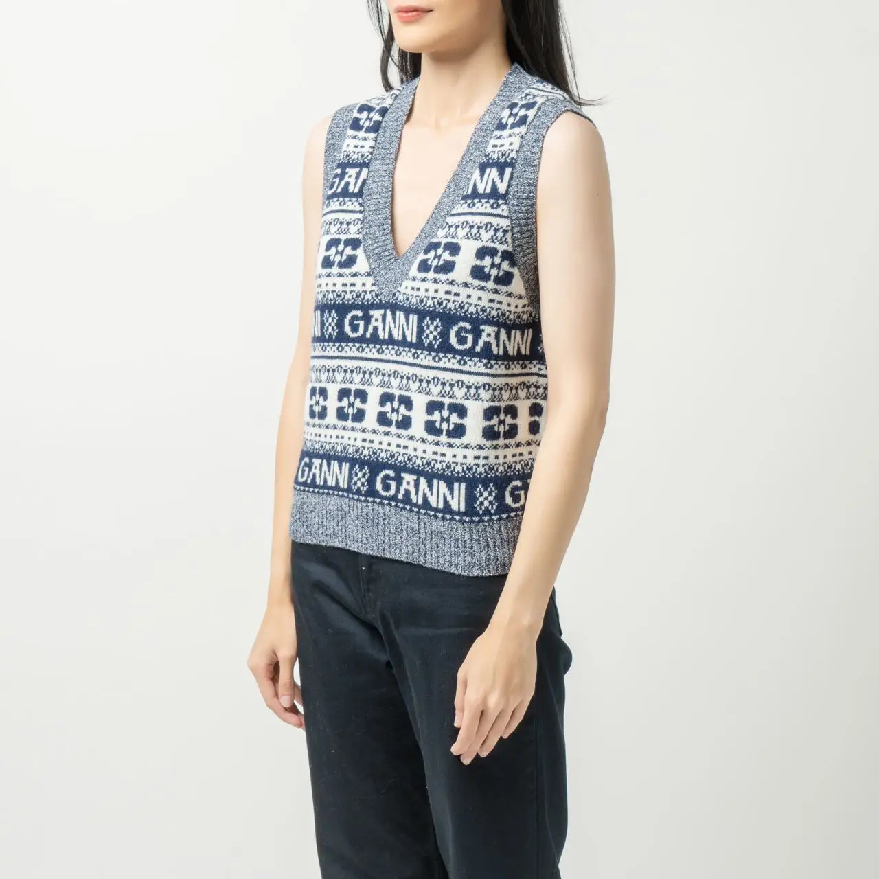 Ganni Blue Logo Wool Mix Vest Sky Captain – voilà.id