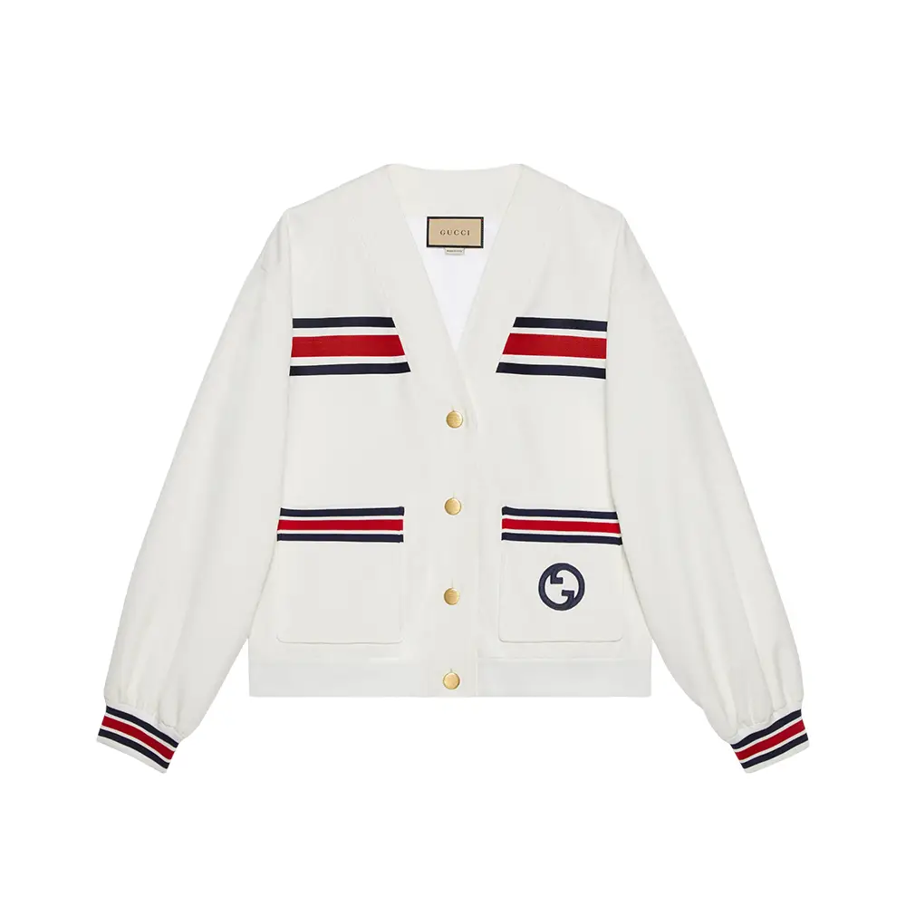 Gucci Technical Jersey V-Neck Cardigan with Web White – voilà.id Gucci Technical Jersey V-Neck Cardigan with Web White – voilà.id