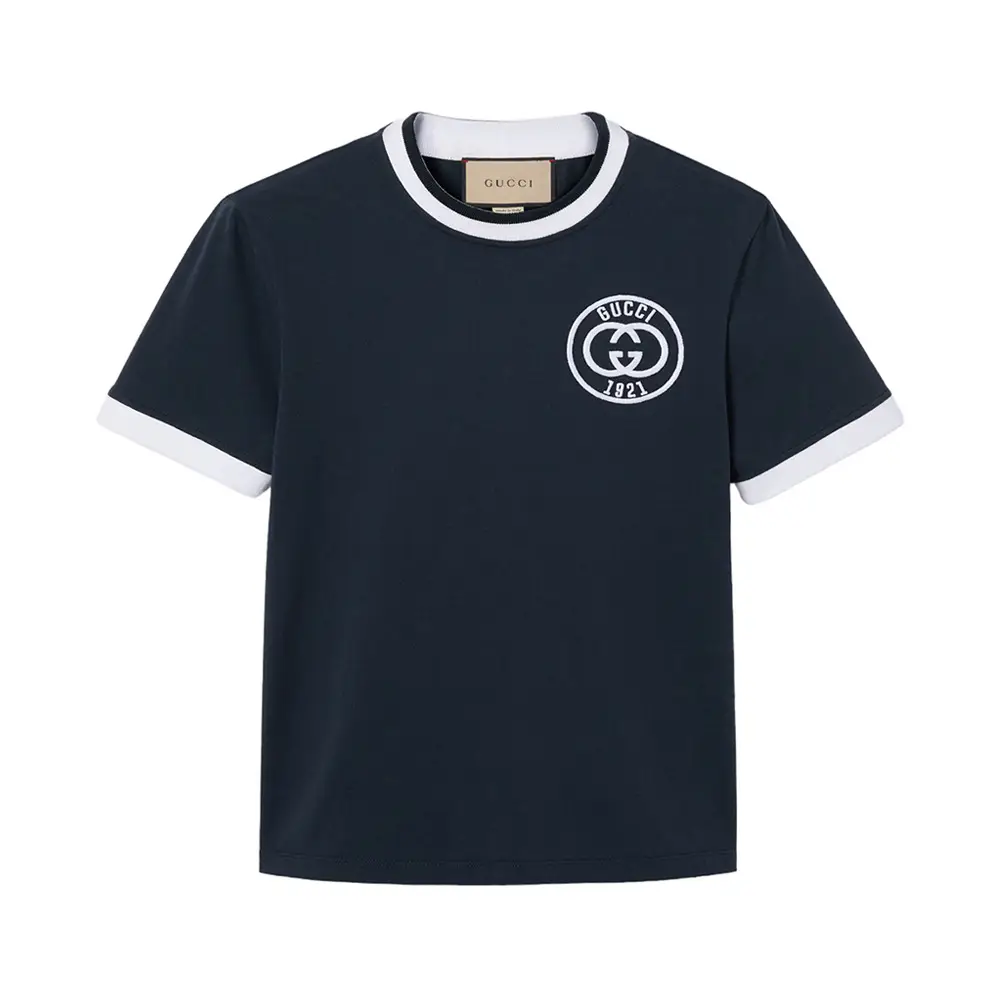 GUCCI ORIGINAL 1921 Tシャツ ホワイト/ネイビー WMNS) Gucci Cotton jersey T-shirt with Gucci embroidery 'Off