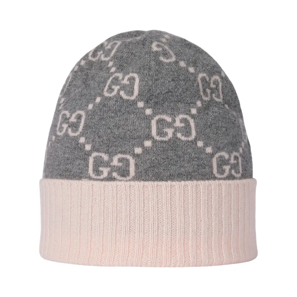 Gucci GG Cashmere Jacquard Beanie Hat Grey Pink – voilà.id
