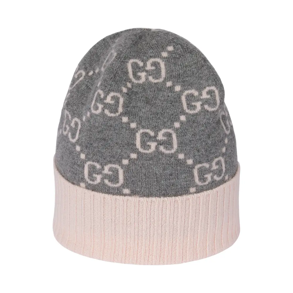 Gucci GG Cashmere Jacquard Beanie Hat Grey Pink – voilà.id