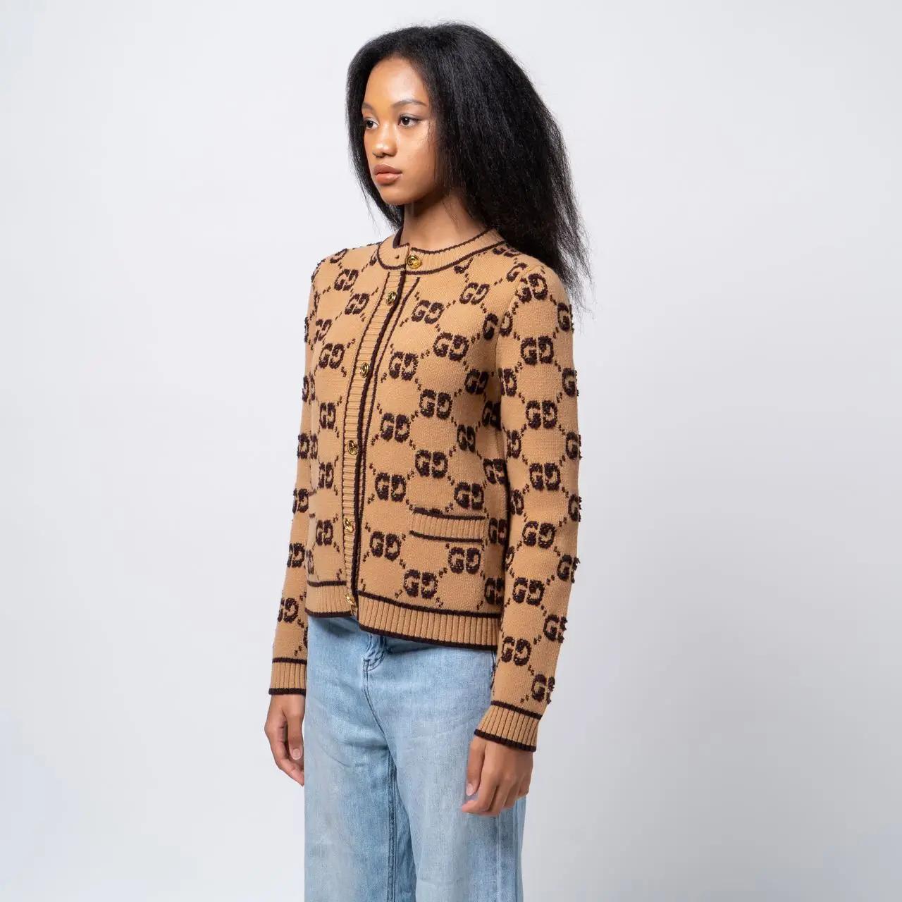 Gucci GG Wool Boucle Jacquard Cardigan Camel Brown – voilà.id
