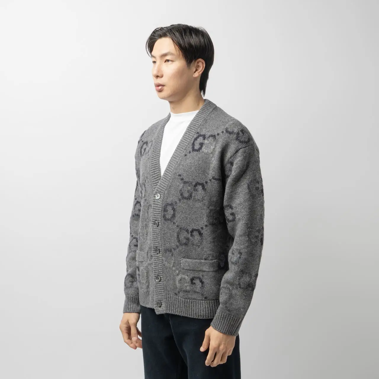 Gucci GG Allover Intarsia V-Neck Cardigan Wool Grey – voilà.id