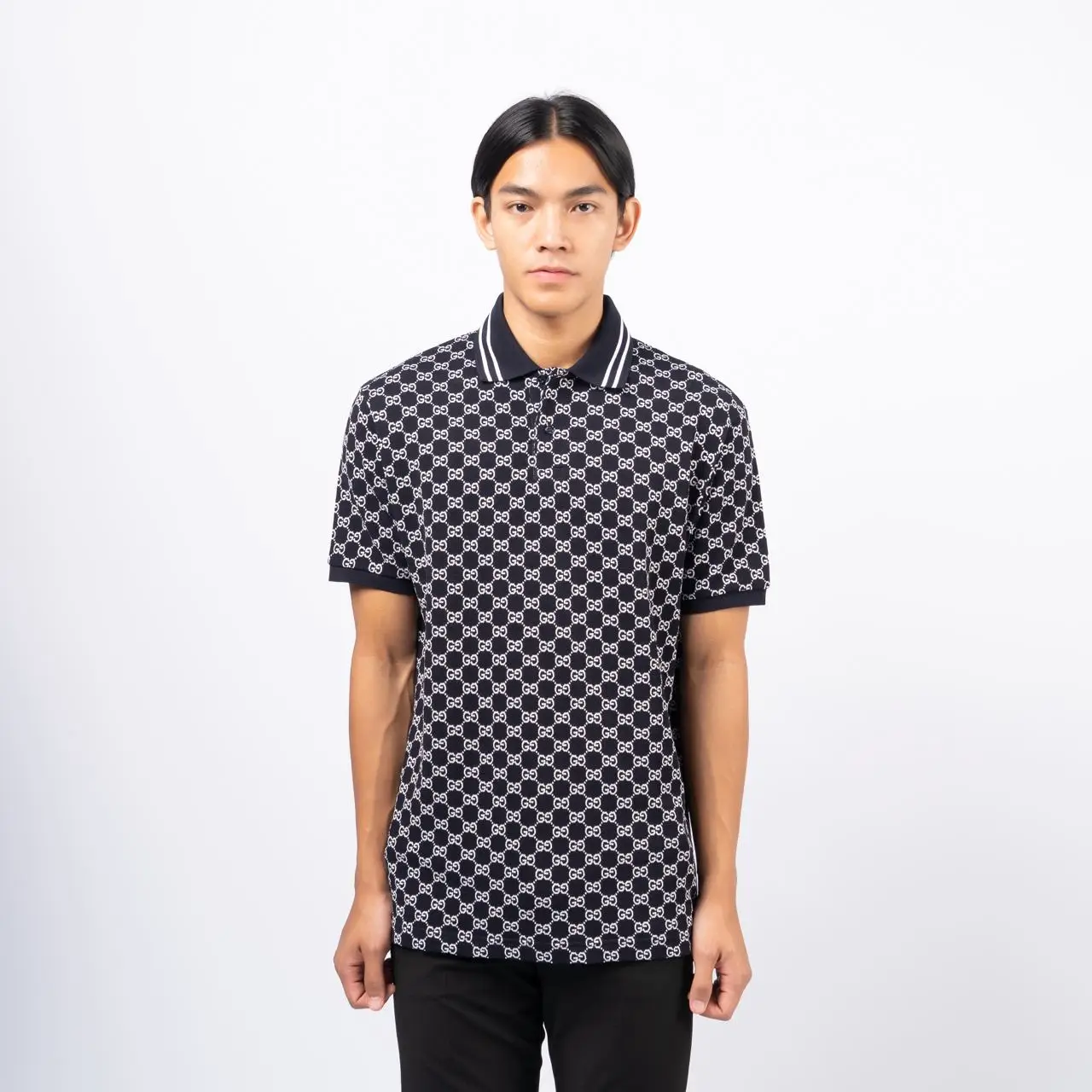 Gucci GG Jacquard Embroidery Polo Shirt Navy White – voilà.id