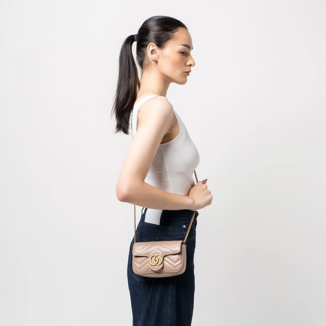 Gucci GG Marmont Super Mini Heart Chevron Shoulder Bag Nude