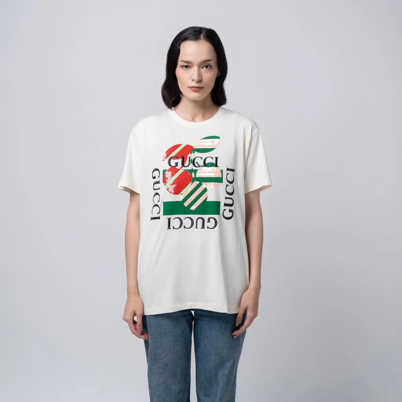 Gucci Bold Cherry Printed Cotton Jersey T-Shirt Off-white