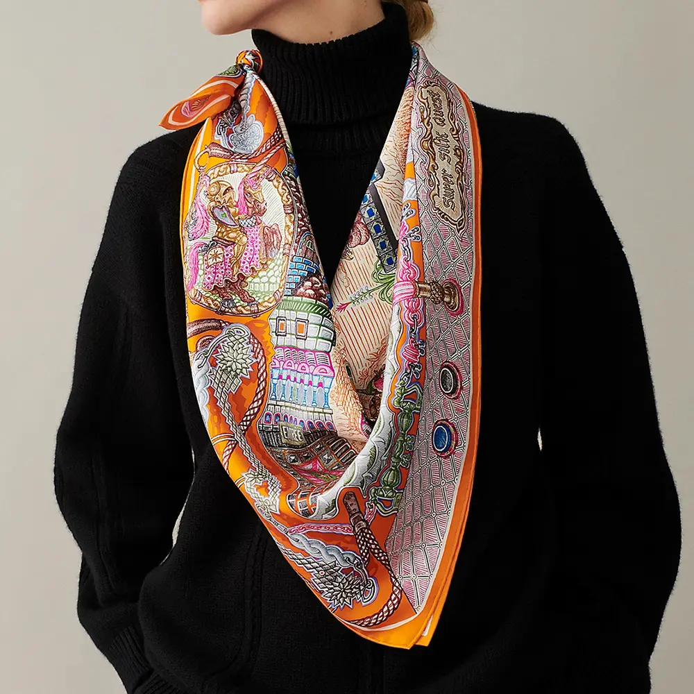 Hermès Carre Super Silk Quest scarf 90 Orange / Vert