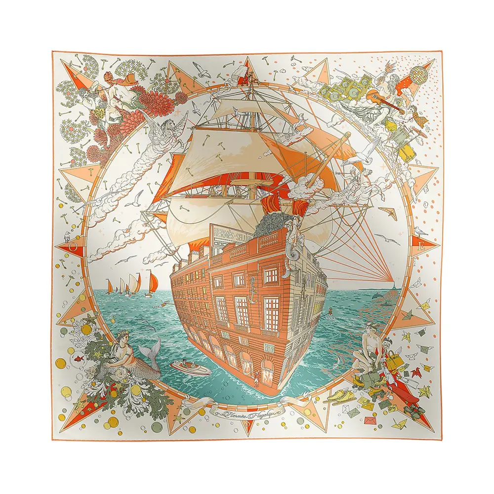 Hermès Flagship Scarf 90 Crème / Orange / Vert Argile – voilà.id