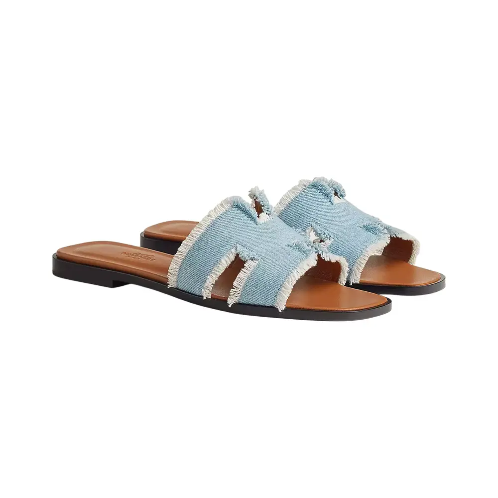 【デニム×フリンジが可愛い♪】 HERMES Sandales Oran フラット Hermès Oran Denim Fringe Sandals Bleu Clair – voilà.id