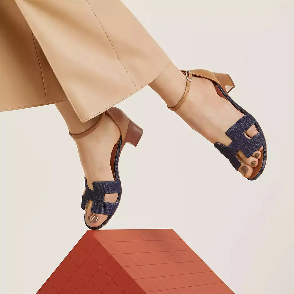 Hermès Encens 50 Denim and Calfskin Ankle Strap Sandals
