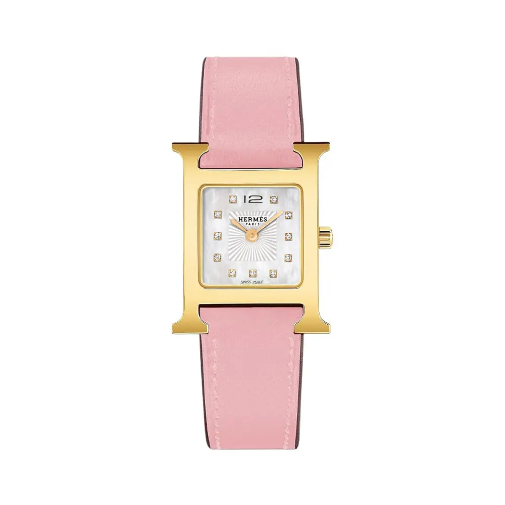 Hermès H-Hour PM Watch Rose Sakura Swift Calfskin Diamond Set