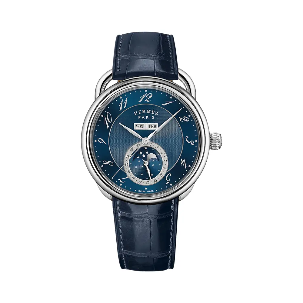 Hermès Arceau Grande Lune Watch Silver Steel Blue Dial 43mm