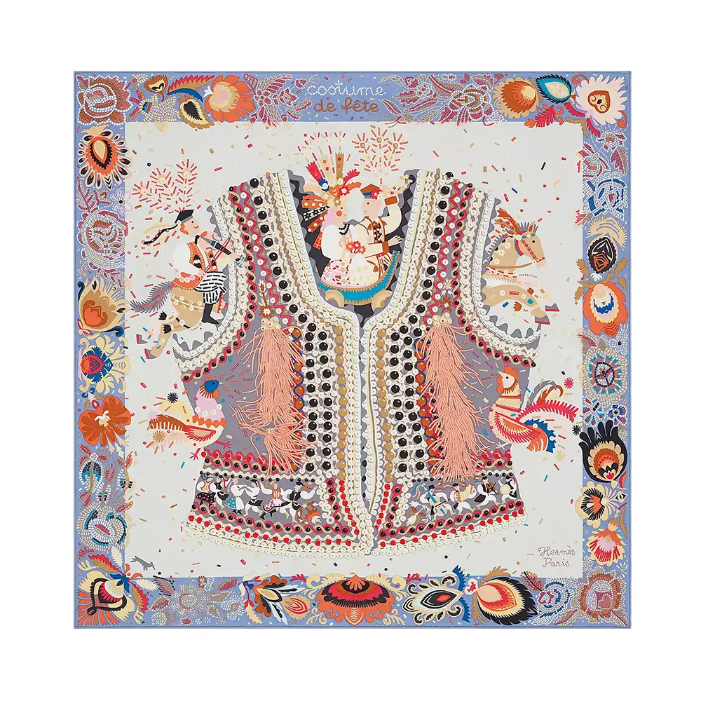 Hermes Costume De Fete Scarf 90 Mauve / Gris Perle / Bois De
