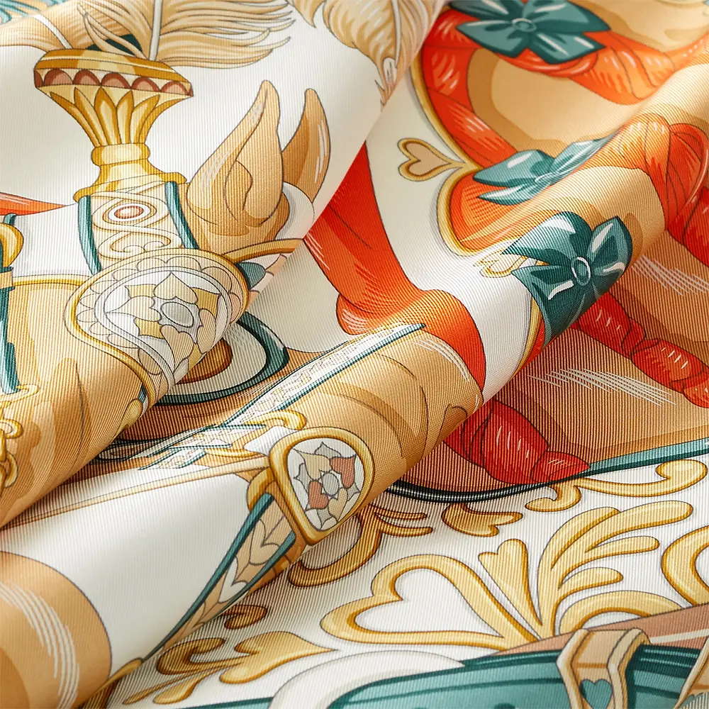 Hermes Harnais de Coeur Scarf 90 Orange / Blanc / Beige