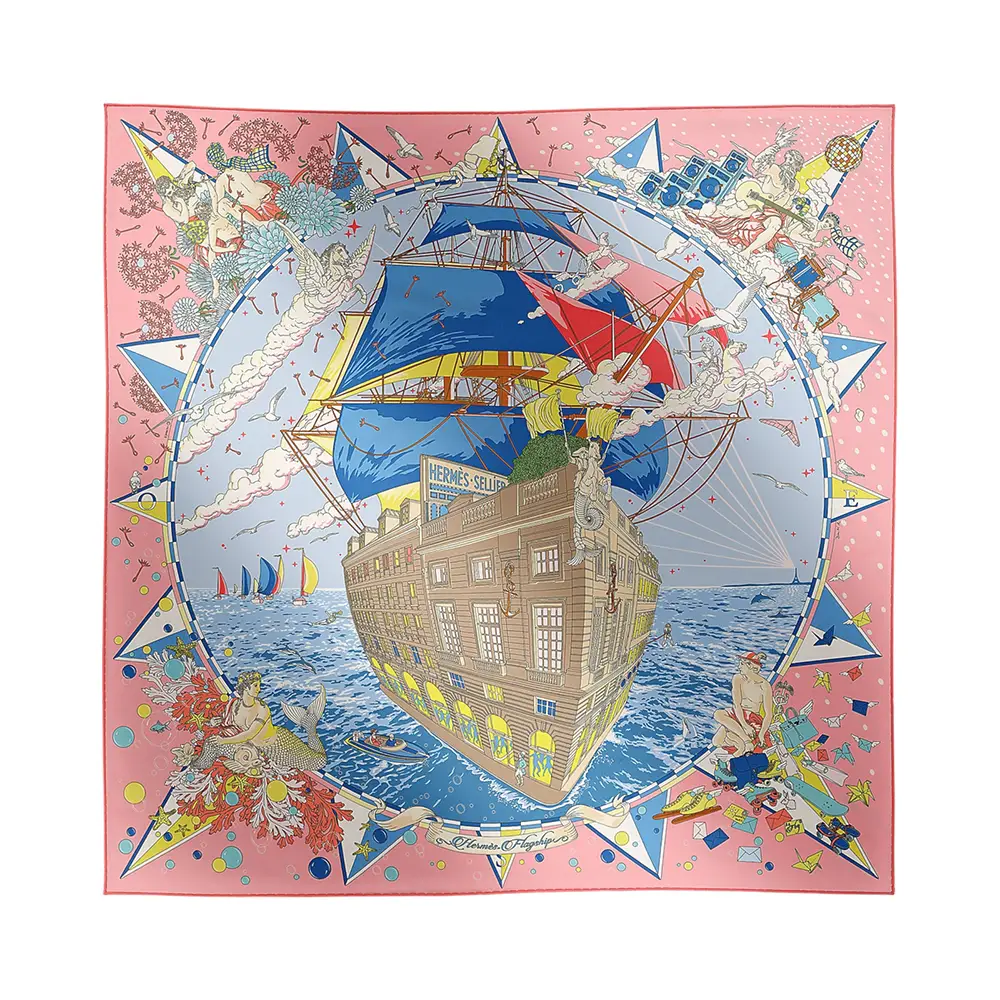 Hermès Les Folies Du Faubourg 90 SIlk Scarf Vert Olive