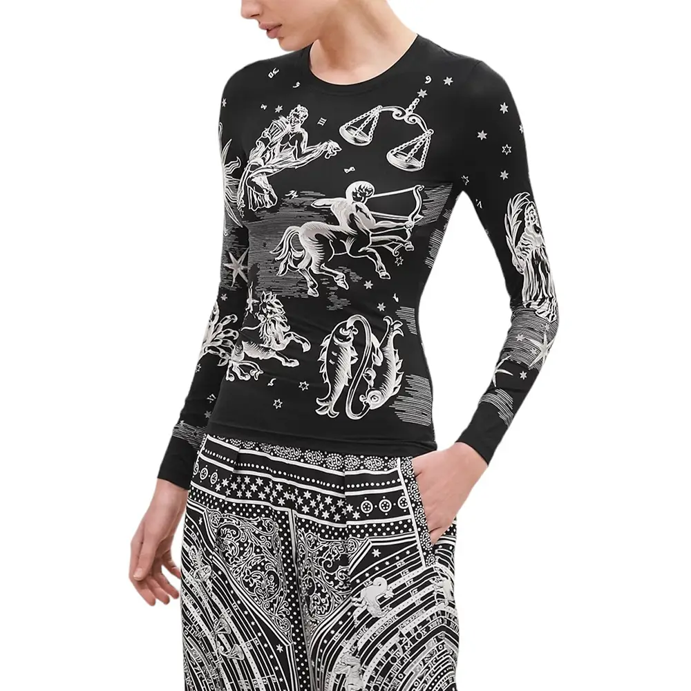 特価 Printed Bandana Astrology Hermes Long Black T-Shirt Sleeved カットソー(長袖+七分)