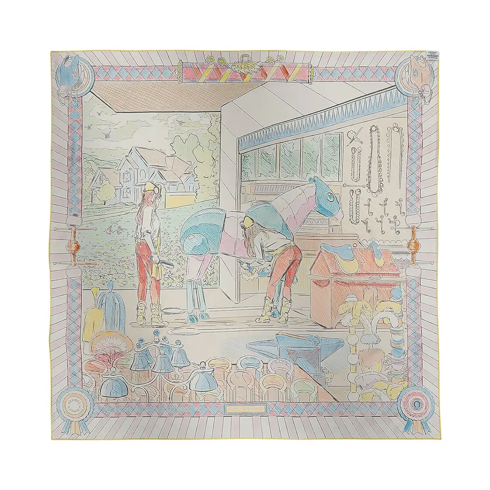 Hermès Pony Pit Stop Double Face Silk Scarf 90 Rose / Jaune