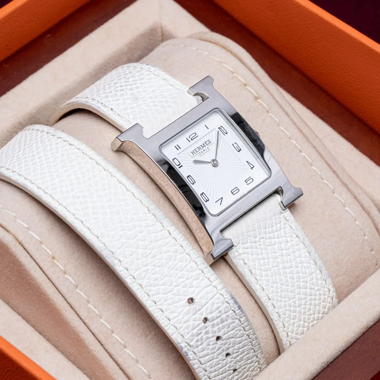 Hermès H-Hour TPM Watch Double Tour White Epsom Shw with