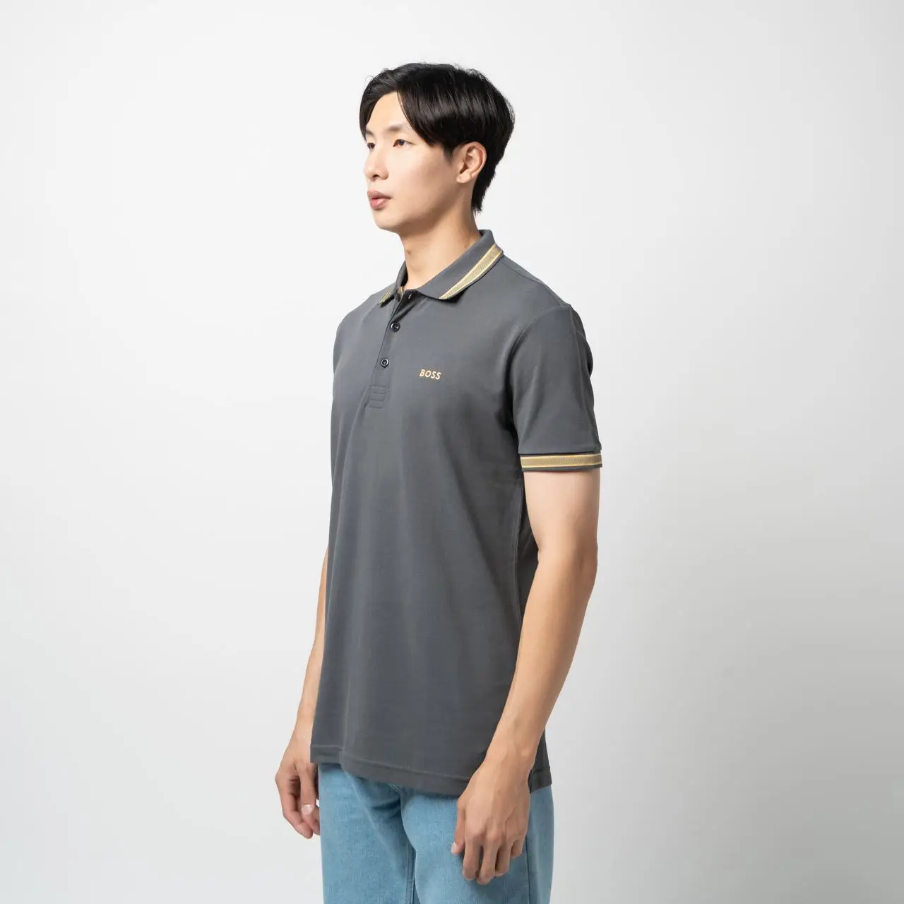 Hugo Boss Paddy Logo Embroidered Polo Shirt Dark Grey/Gold