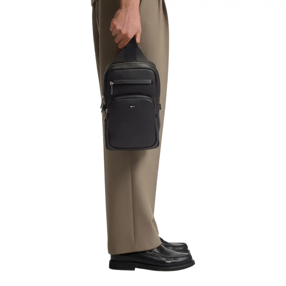 Hugo Boss Ray_ Monostrap Sling Bag with Two-Way Zip Closure Black
