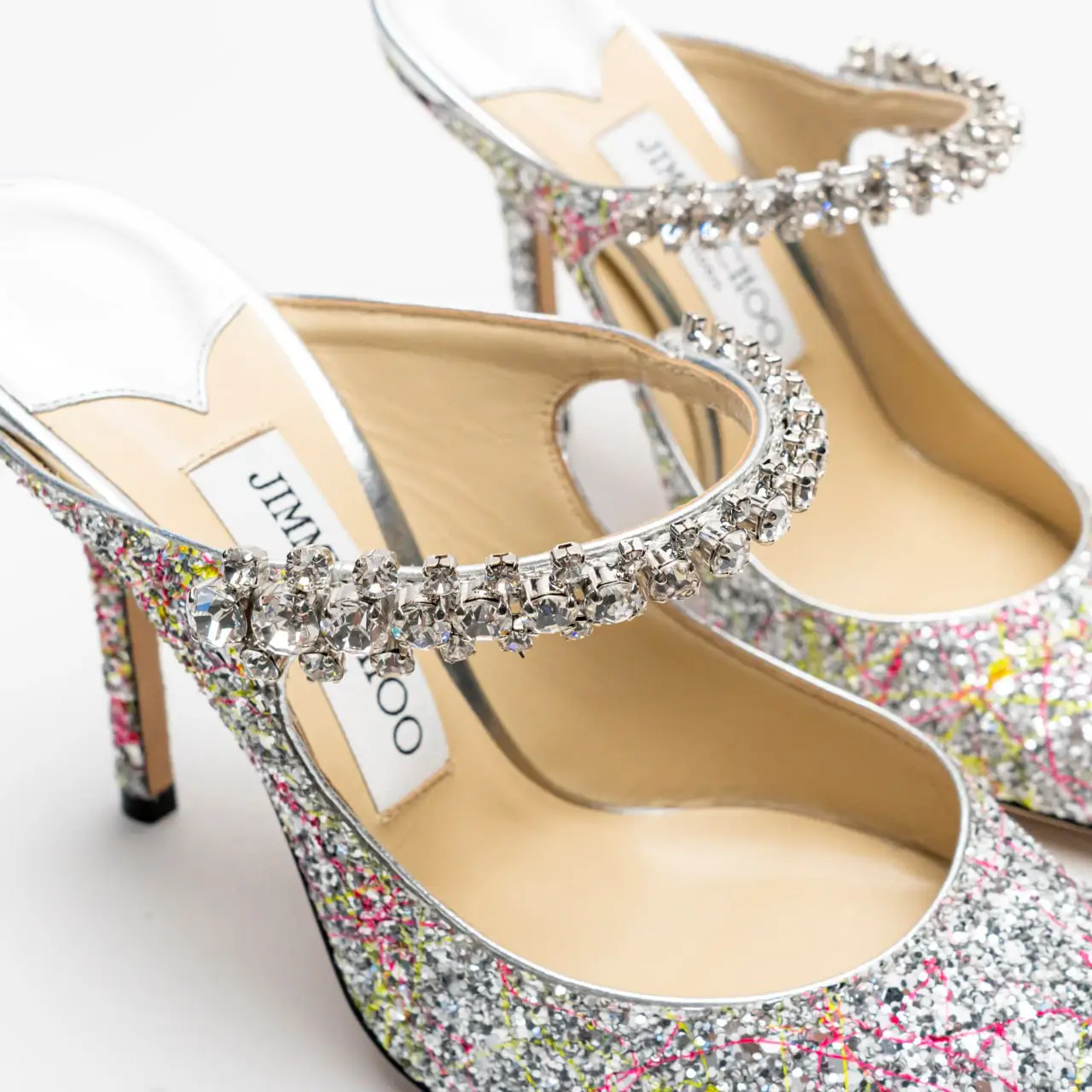 Jimmy Choo Bing 100 Crystal Strap Glitter Fabric Mules Multi