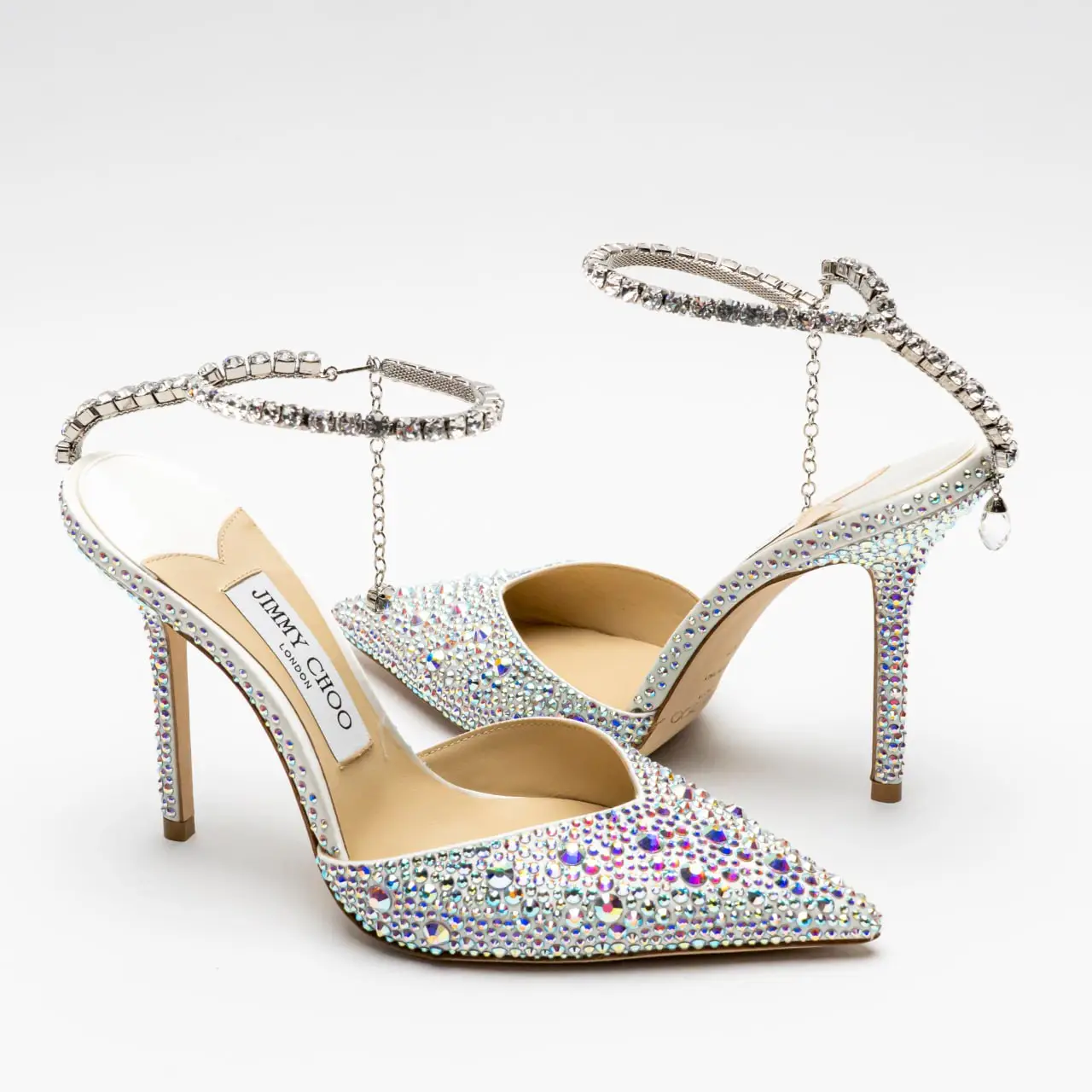 Jimmy Choo Saeda 100 Satin Crystal Embellished Ankle Strap