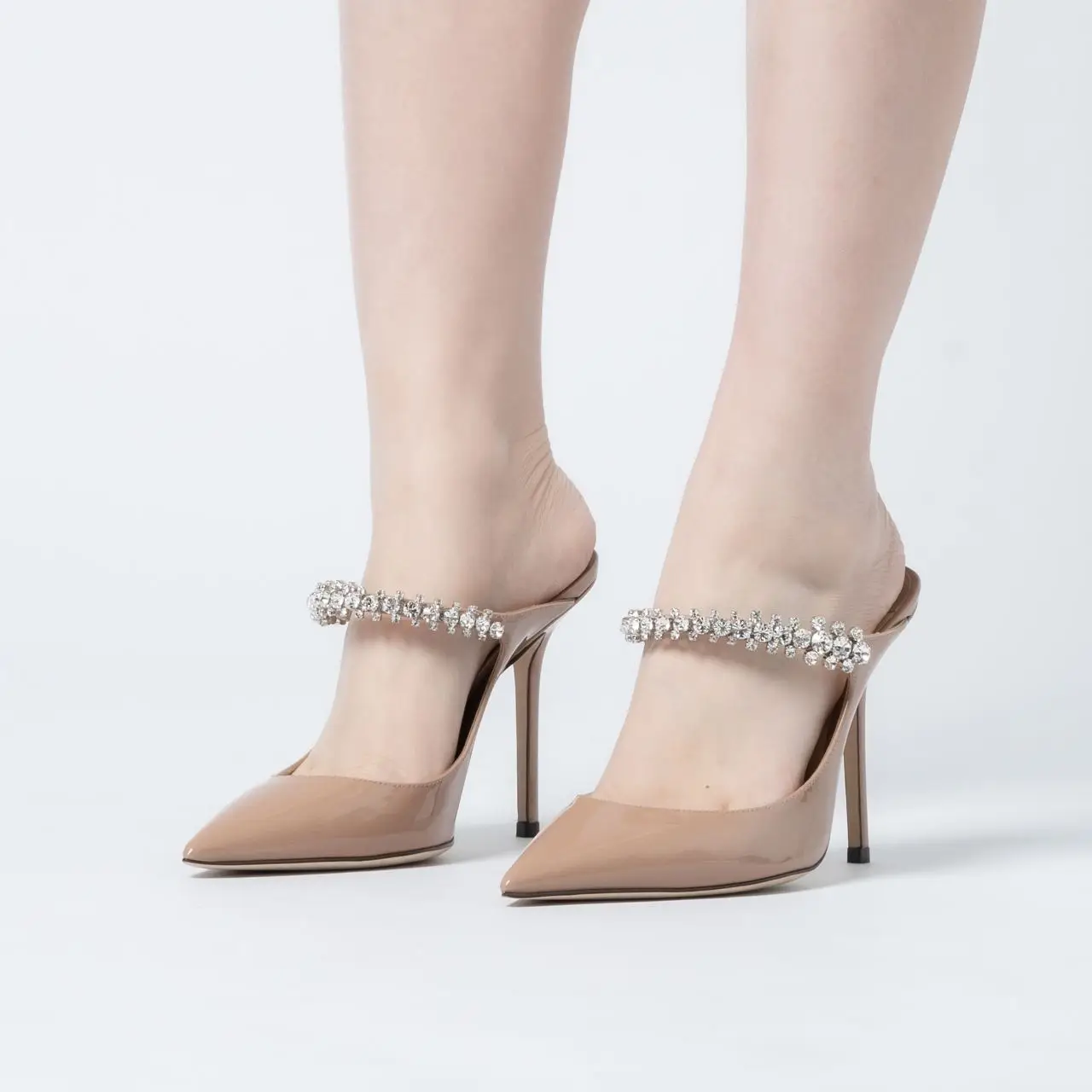jimmy choo BING100 36 ピンクベージュ ミュール Jimmy Choo Bing 100 Crystal Strap Patent Leather Heels Pink – voilà.id