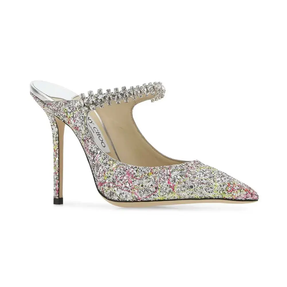 Jimmy Choo Bing 100 Crystal Strap Glitter Fabric Mules Multi