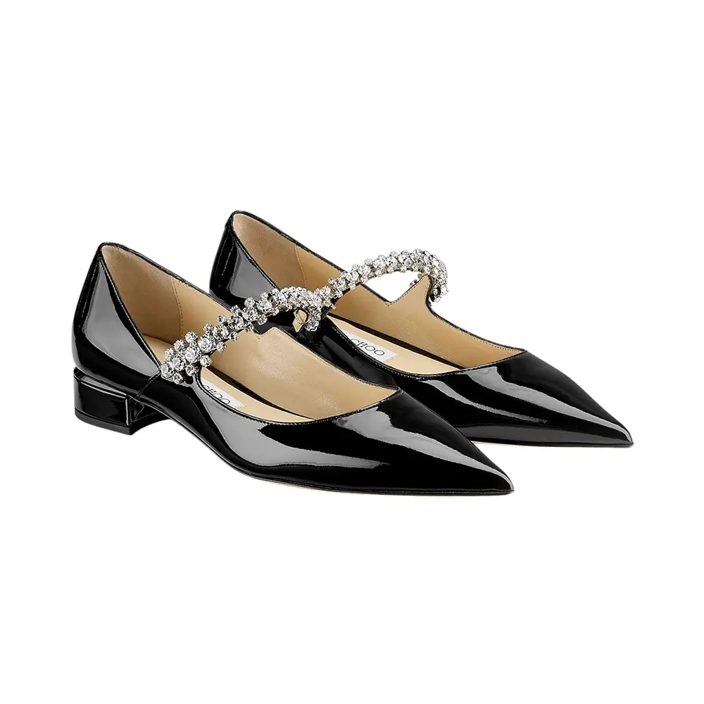 Jimmy Choo Bing 25 Crystal Strap Patent Leather Flat Pumps