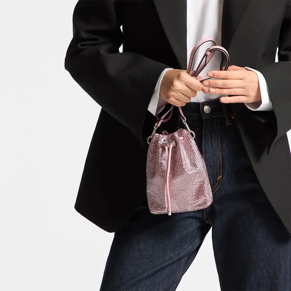 Jimmy Choo Cinch Mini Bon Bon Satin Crystal Bucket Bag Rose Silver